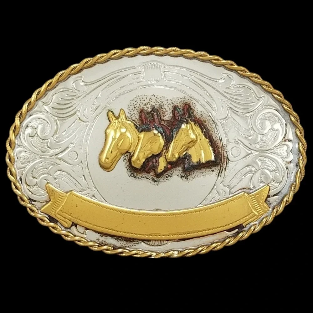 Western‎ Belt Buckle German Silver Engraved Three Horses Gold Banner USA Made